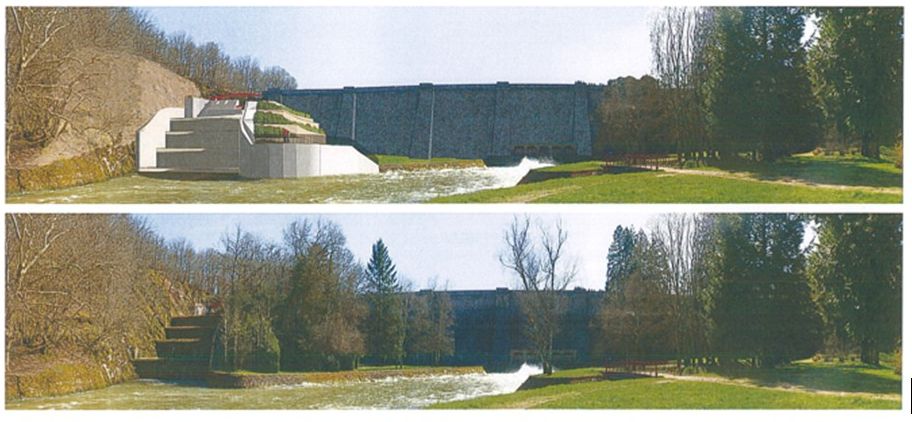 projet d'évolution de l'évacuateur de crue du barrage, vu de l'aval, ©VNF.